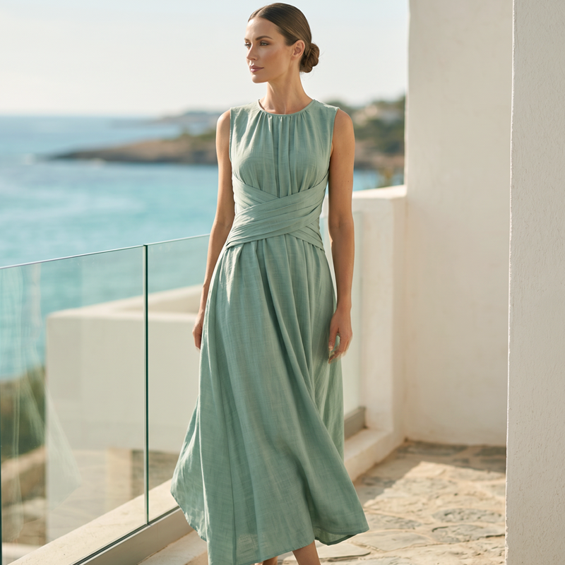 Women's Sleeveless Round Neck Wrap-Waist Maxi Dress