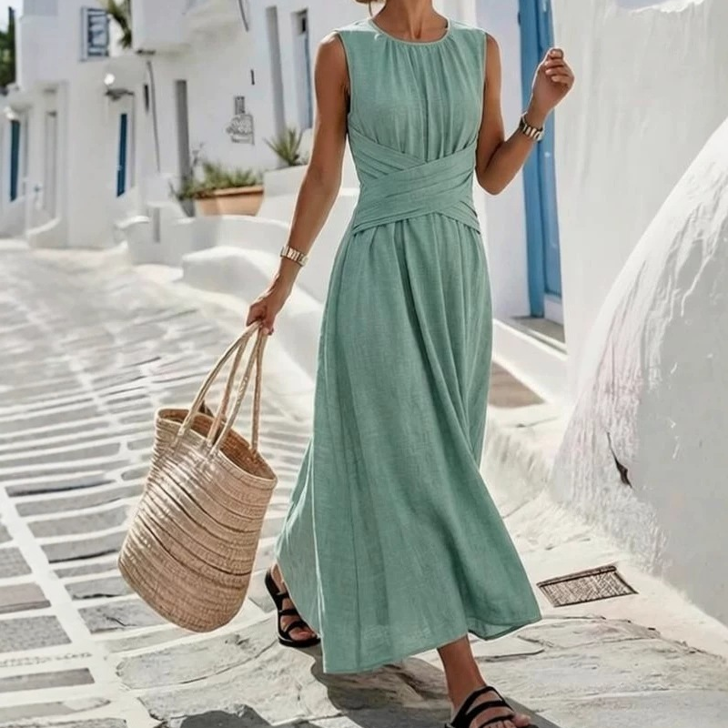 Women's Sleeveless Round Neck Wrap-Waist Maxi Dress