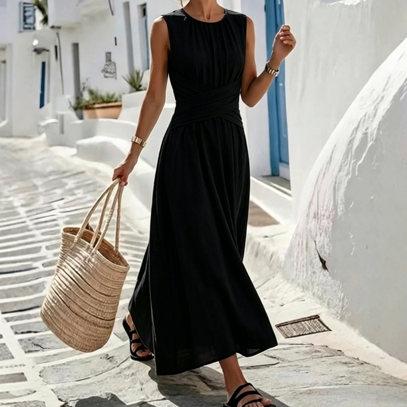 Women's Sleeveless Round Neck Wrap-Waist Maxi Dress