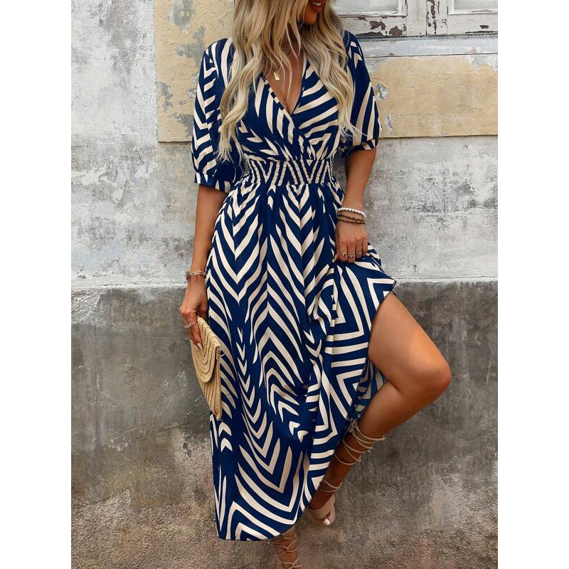 🌸 Damen Midikleid mit V-Ausschnitt ✨ Zickzackmuster, Puffärmeln & Eleganter Passform
