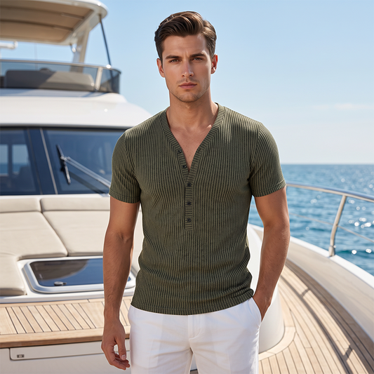 🔥 50% RABATT! 👕 Herren V-Ausschnitt T-Shirt mit Strukturstoff ✨ Zweifarbiges Streifen-Design, Bequeme Passform & Perfekt für Alltag und Freizeit