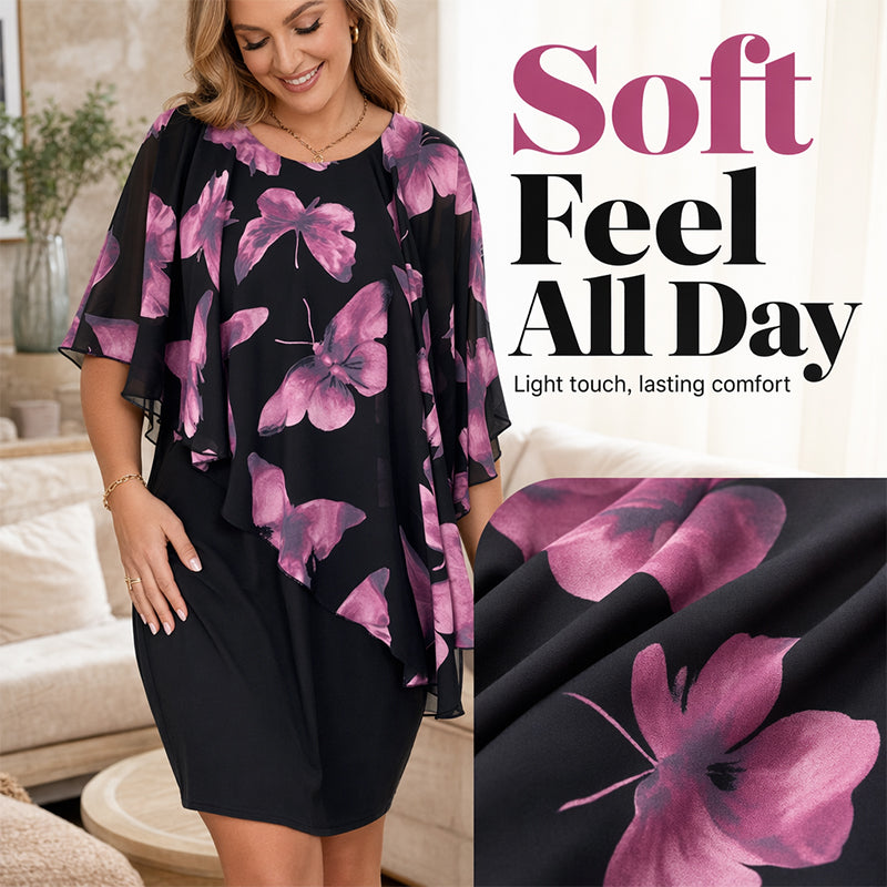 🛍️ 50 % Rabatt – Elegantes Kleid mit floralem Print & ärmellosem Cape – schmeichelhafte Silhouette, leicht & luftig ✨