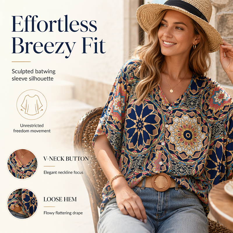 🛍️ 50 % Rabatt – Bohemian-Bluse mit V-Ausschnitt – luftige Passform, vielseitig kombinierbar, ideal für Urlaub & Alltag ✨