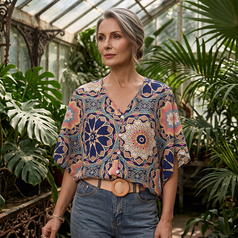 🛍️ 50 % Rabatt – Bohemian-Bluse mit V-Ausschnitt – luftige Passform, vielseitig kombinierbar, ideal für Urlaub & Alltag ✨