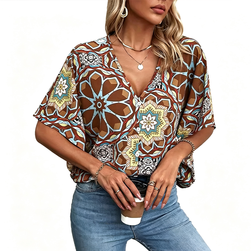 🛍️ 50 % Rabatt – Bohemian-Bluse mit V-Ausschnitt – luftige Passform, vielseitig kombinierbar, ideal für Urlaub & Alltag ✨