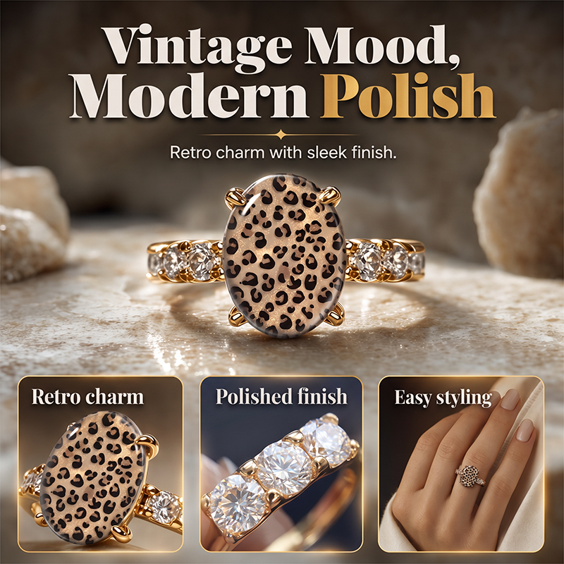 🐆 50 % Rabatt – Eleganter Ring im Retro-Stil – Leopardenprint-Oval, funkelnde Zirkonia-Seitensteine & hochwertige Verarbeitung – ein stilvolles Accessoire 💎