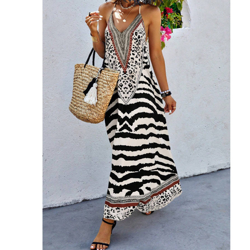 Women's Animal Print Backless Halter Maxi Dress