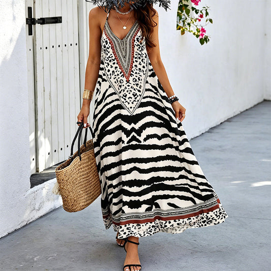 Women's Animal Print Backless Halter Maxi Dress