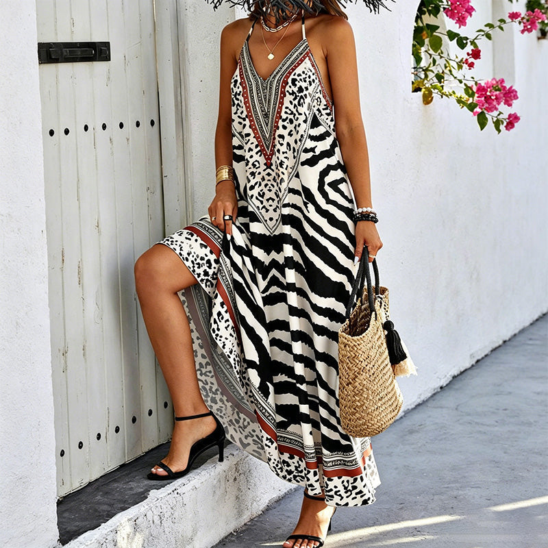 Women's Animal Print Backless Halter Maxi Dress