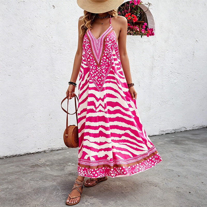 Women's Animal Print Backless Halter Maxi Dress