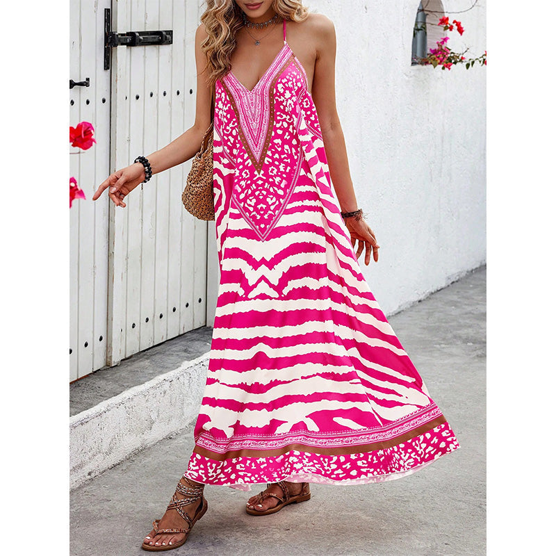 Women's Animal Print Backless Halter Maxi Dress