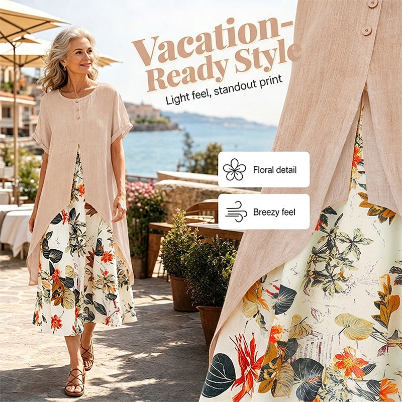 🛍️ 50 % Rabatt – Kurzarm-Kleid aus Leinenmix – als Fake-Two-Piece, mit Rundhalsausschnitt & weiter Rock – leicht & vielseitig für warme Tage 🌸