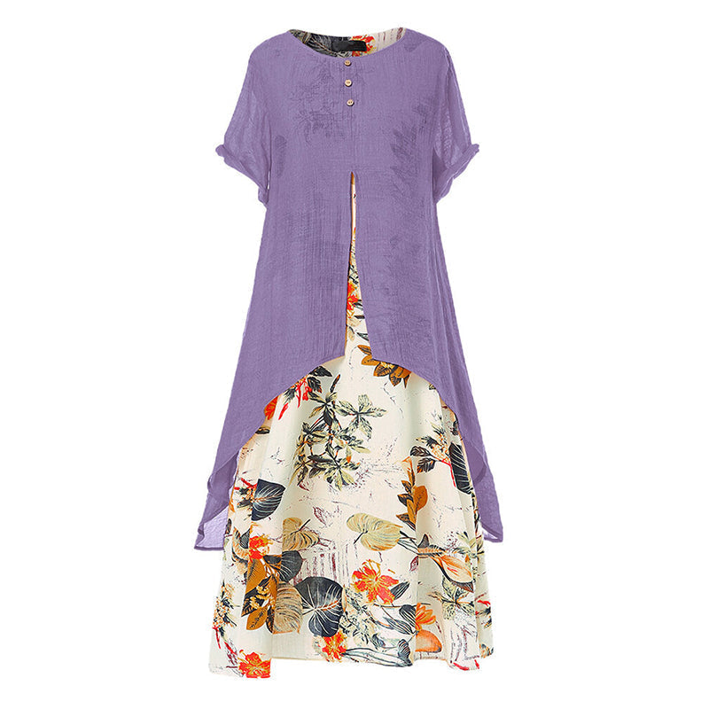 🛍️ 50 % Rabatt – Kurzarm-Kleid aus Leinenmix – als Fake-Two-Piece, mit Rundhalsausschnitt & weiter Rock – leicht & vielseitig für warme Tage 🌸