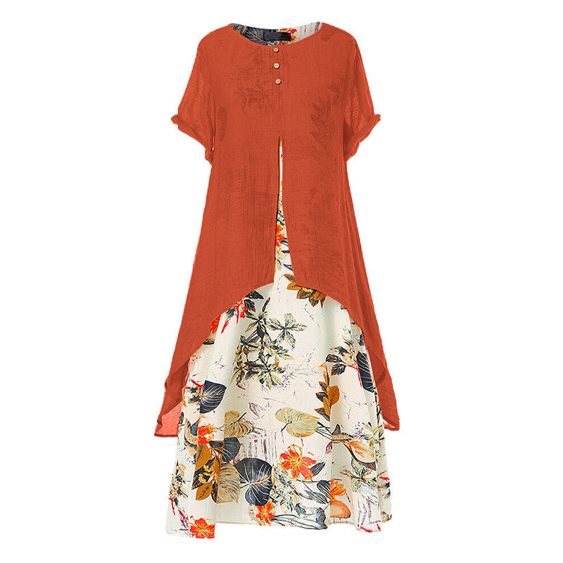 🛍️ 50 % Rabatt – Kurzarm-Kleid aus Leinenmix – als Fake-Two-Piece, mit Rundhalsausschnitt & weiter Rock – leicht & vielseitig für warme Tage 🌸