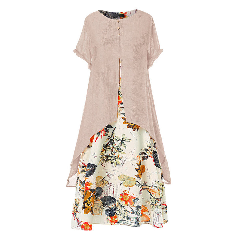 🛍️ 50 % Rabatt – Kurzarm-Kleid aus Leinenmix – als Fake-Two-Piece, mit Rundhalsausschnitt & weiter Rock – leicht & vielseitig für warme Tage 🌸