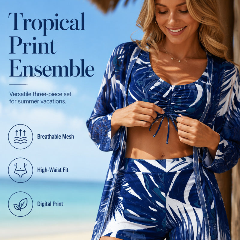 👙 50 % Rabatt – 3-teiliges Tropical-Print-Bikini-Set – Oberteil, Hose & Tuch – vielseitig kombinierbar, ideal für Strand & Pool ☀️