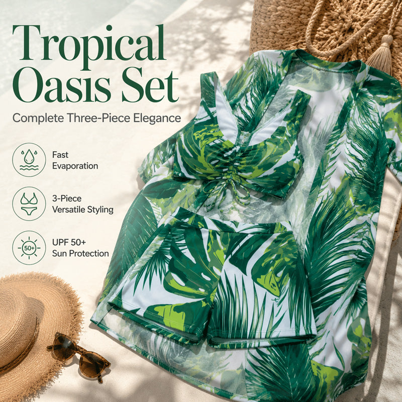 👙 50 % Rabatt – 3-teiliges Tropical-Print-Bikini-Set – Oberteil, Hose & Tuch – vielseitig kombinierbar, ideal für Strand & Pool ☀️