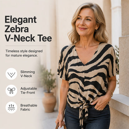 🛍️ 50 % Rabatt – Damen-V-Ausschnitt-T-Shirt mit Zebraprint & Bindeband – lässiger Look, vielseitig & atmungsaktiv