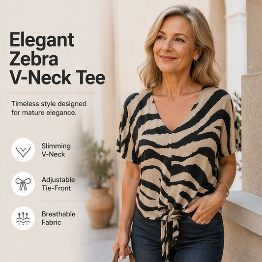 🛍️ 50 % Rabatt – Damen-V-Ausschnitt-T-Shirt mit Zebraprint & Bindeband – lässiger Look, vielseitig & atmungsaktiv