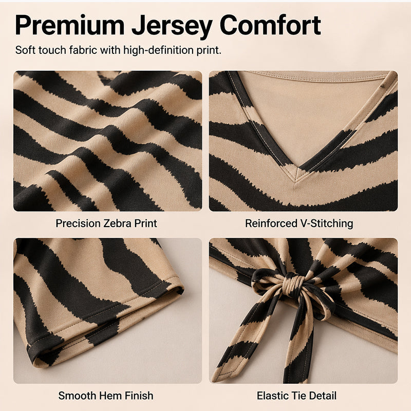 🛍️ 50 % Rabatt – Damen-V-Ausschnitt-T-Shirt mit Zebraprint & Bindeband – lässiger Look, vielseitig & atmungsaktiv
