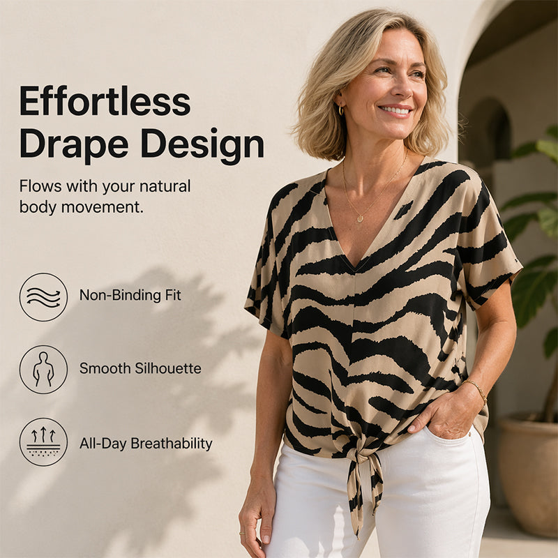 🛍️ 50 % Rabatt – Damen-V-Ausschnitt-T-Shirt mit Zebraprint & Bindeband – lässiger Look, vielseitig & atmungsaktiv