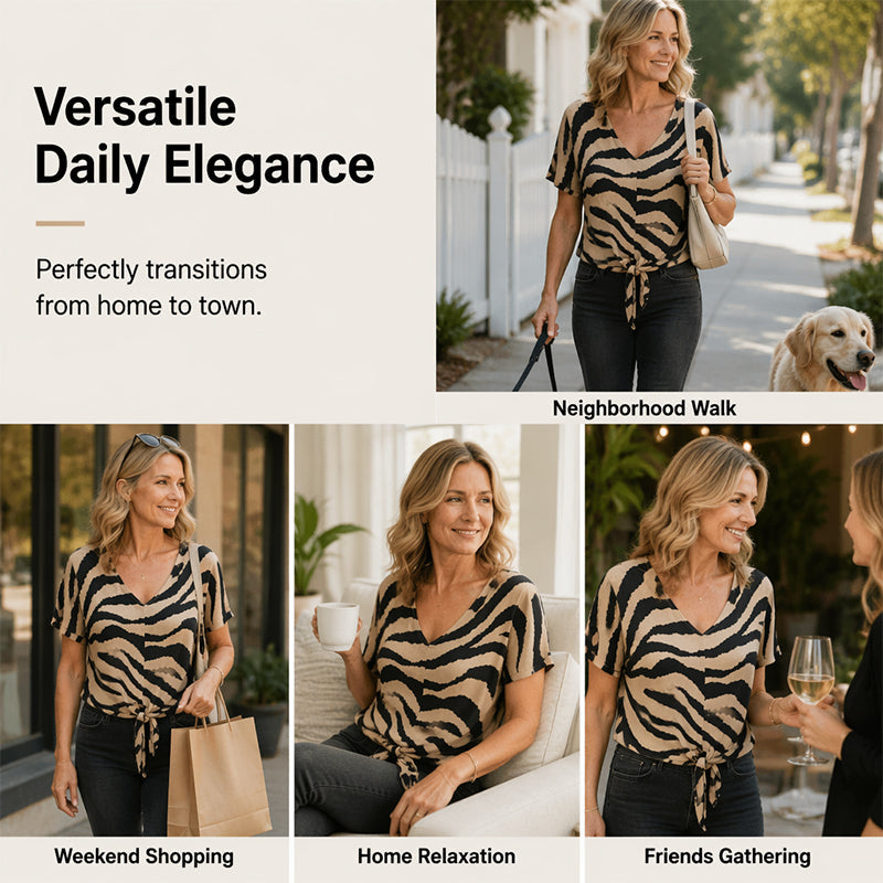 🛍️ 50 % Rabatt – Damen-V-Ausschnitt-T-Shirt mit Zebraprint & Bindeband – lässiger Look, vielseitig & atmungsaktiv