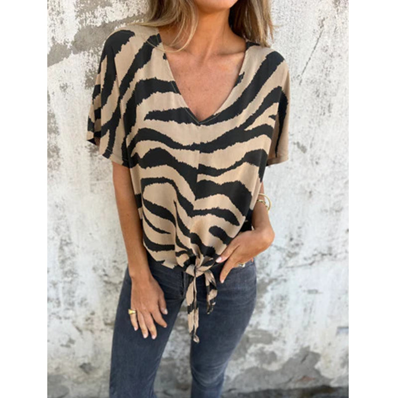 🛍️ 50 % Rabatt – Damen-V-Ausschnitt-T-Shirt mit Zebraprint & Bindeband – lässiger Look, vielseitig & atmungsaktiv