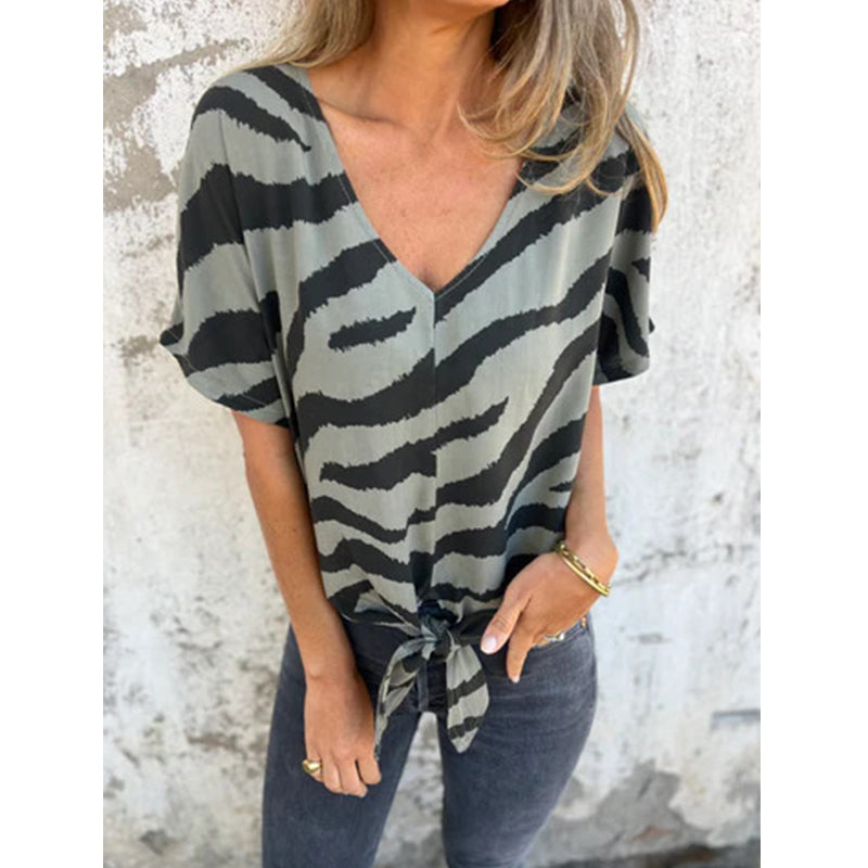 🛍️ 50 % Rabatt – Damen-V-Ausschnitt-T-Shirt mit Zebraprint & Bindeband – lässiger Look, vielseitig & atmungsaktiv