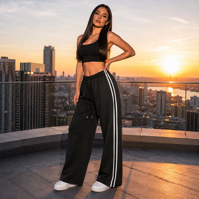 🧘‍♀️ 50 % Rabatt – Weite Sporthose mit elastischem Bund & Zugschnur – seitliche Zierbänder, leicht & vielseitig – ideal für Yoga, Fitness & Freizeit 👖