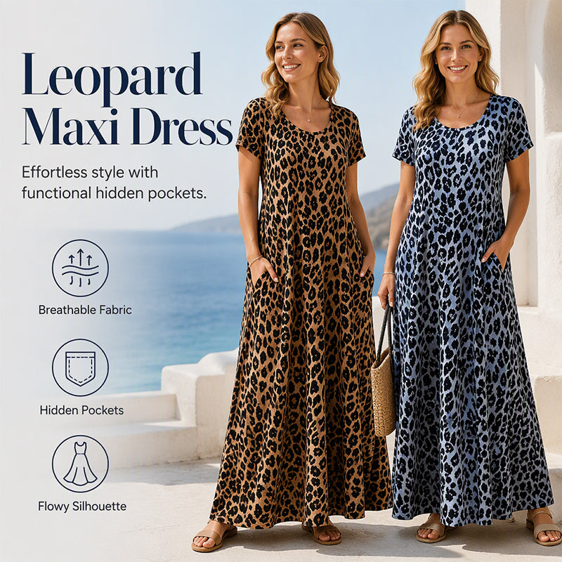 👗Damen Leopardenmuster Maxi-Kleid mit Taschen Lässiges Kurzarm Langes Kleid