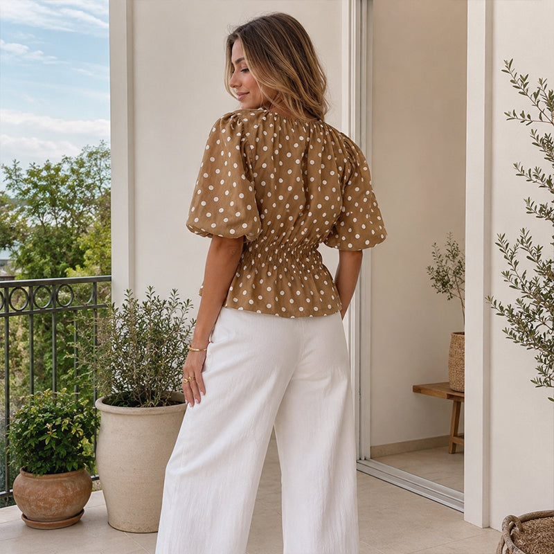 🛍️ 50 % Rabatt – Damen-Top mit Polka-Dot-Print – taillierter Schnitt, 5/4-Ärmel & vielseitig – für den modernen Alltag 🌸