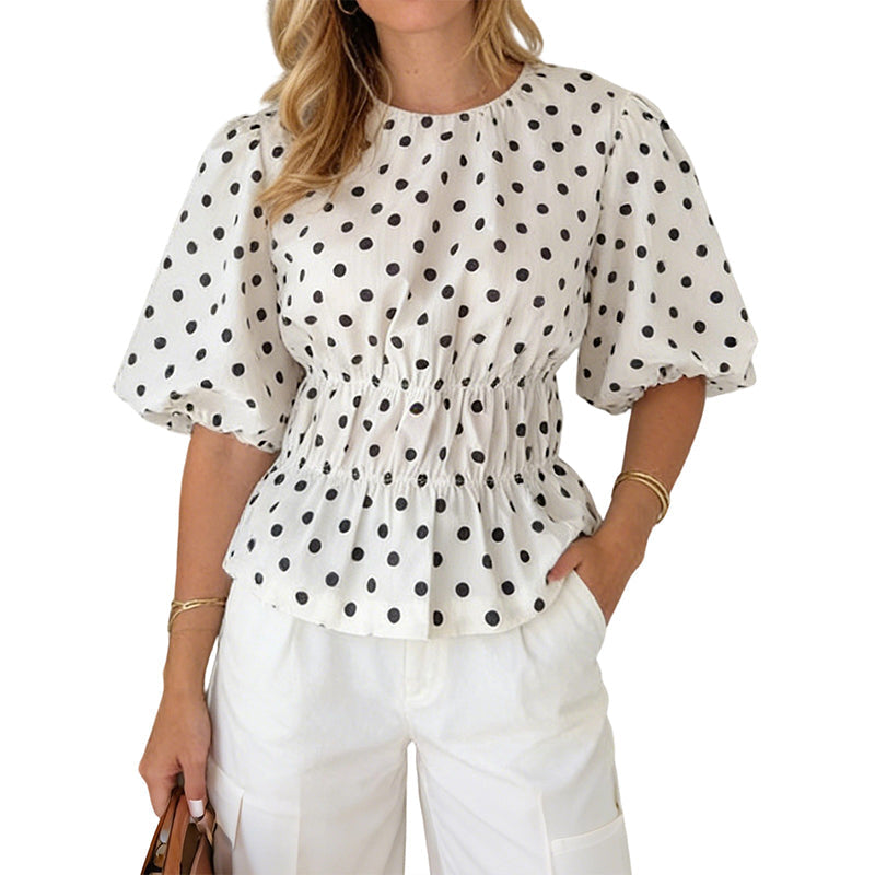 🛍️ 50 % Rabatt – Damen-Top mit Polka-Dot-Print – taillierter Schnitt, 5/4-Ärmel & vielseitig – für den modernen Alltag 🌸