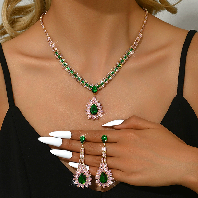 💎 Damen Schmuckset mit Zirkonia – Elegante Halskette & Ohrhänger in Pink-Grün Design
