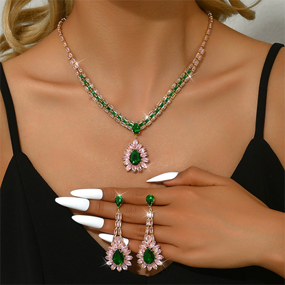 💎 Damen Schmuckset mit Zirkonia – Elegante Halskette & Ohrhänger in Pink-Grün Design
