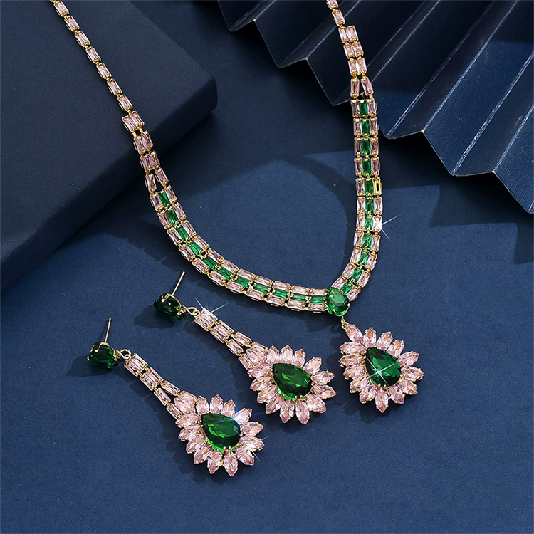 💎 Damen Schmuckset mit Zirkonia – Elegante Halskette & Ohrhänger in Pink-Grün Design