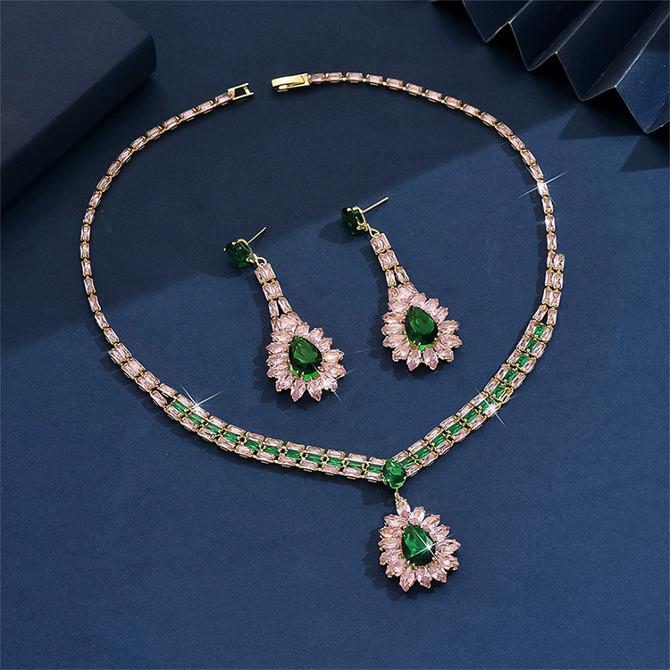 💎 Damen Schmuckset mit Zirkonia – Elegante Halskette & Ohrhänger in Pink-Grün Design