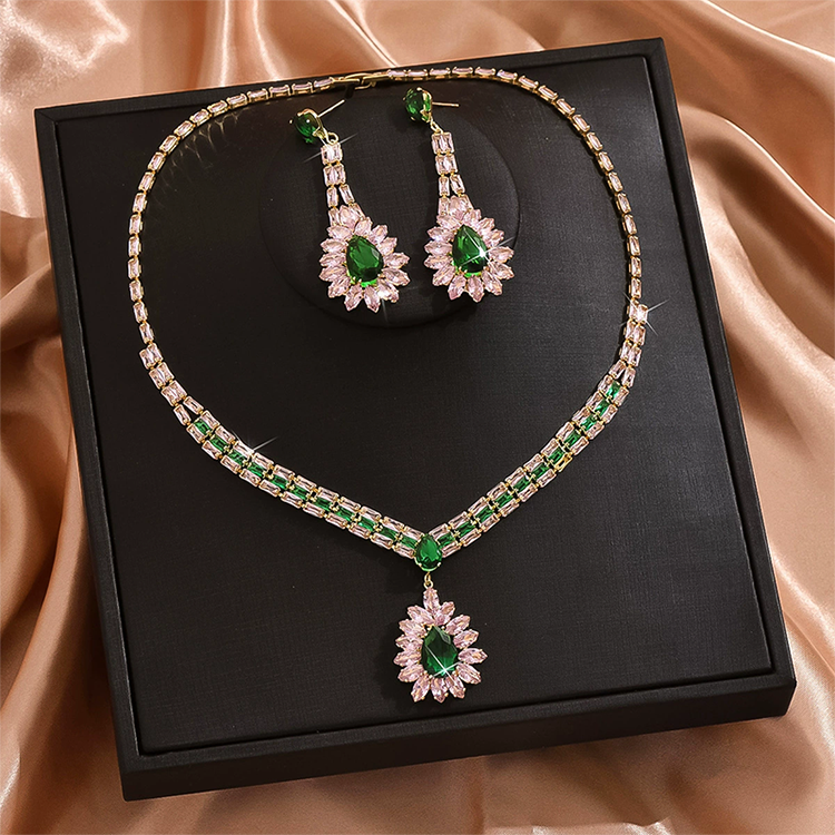 💎 Damen Schmuckset mit Zirkonia – Elegante Halskette & Ohrhänger in Pink-Grün Design