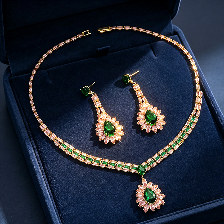 💎 Damen Schmuckset mit Zirkonia – Elegante Halskette & Ohrhänger in Pink-Grün Design