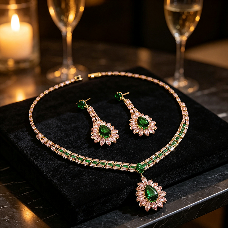 💎 Damen Schmuckset mit Zirkonia – Elegante Halskette & Ohrhänger in Pink-Grün Design