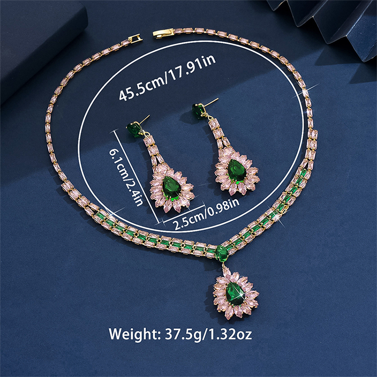 💎 Damen Schmuckset mit Zirkonia – Elegante Halskette & Ohrhänger in Pink-Grün Design
