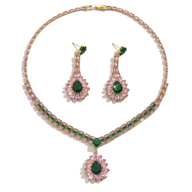 💎 Damen Schmuckset mit Zirkonia – Elegante Halskette & Ohrhänger in Pink-Grün Design