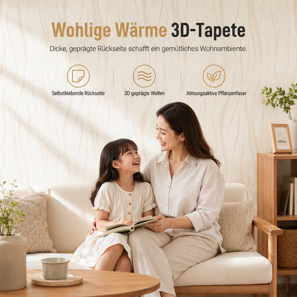 🏠 50 % Rabatt! Selbstklebende Vliestapete mit 3D-Streifenstruktur – Verdickte Wandtapete, 53 cm × 1 m