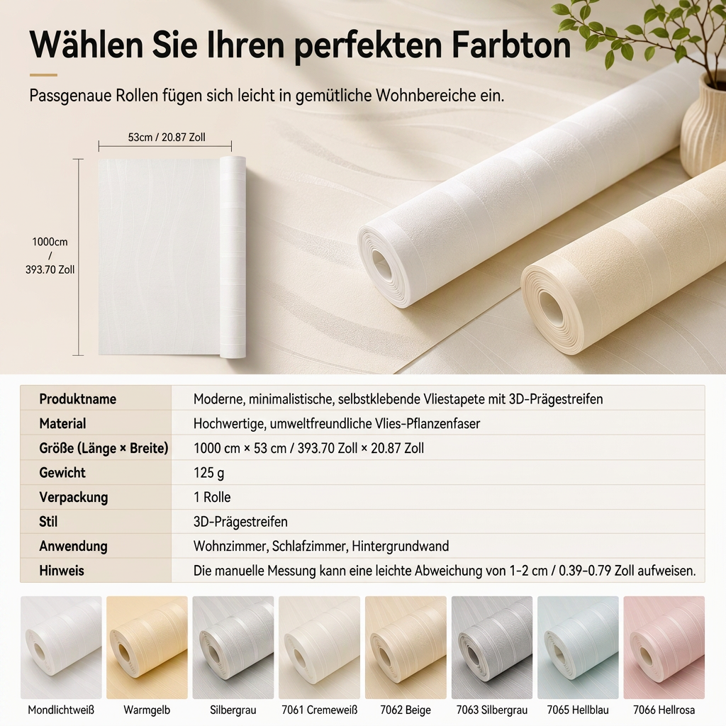 🏠 50 % Rabatt! Selbstklebende Vliestapete mit 3D-Streifenstruktur – Verdickte Wandtapete, 53 cm × 1 m