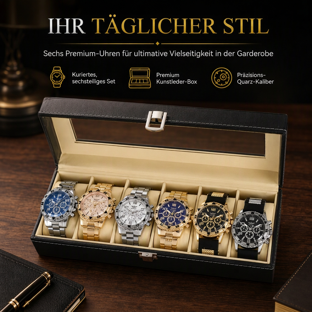 🎁 50 % Rabatt! 6-teiliges Uhren-Set für Herren – Elegante Armbanduhr mit Edelstahlarmband in Geschenkbox