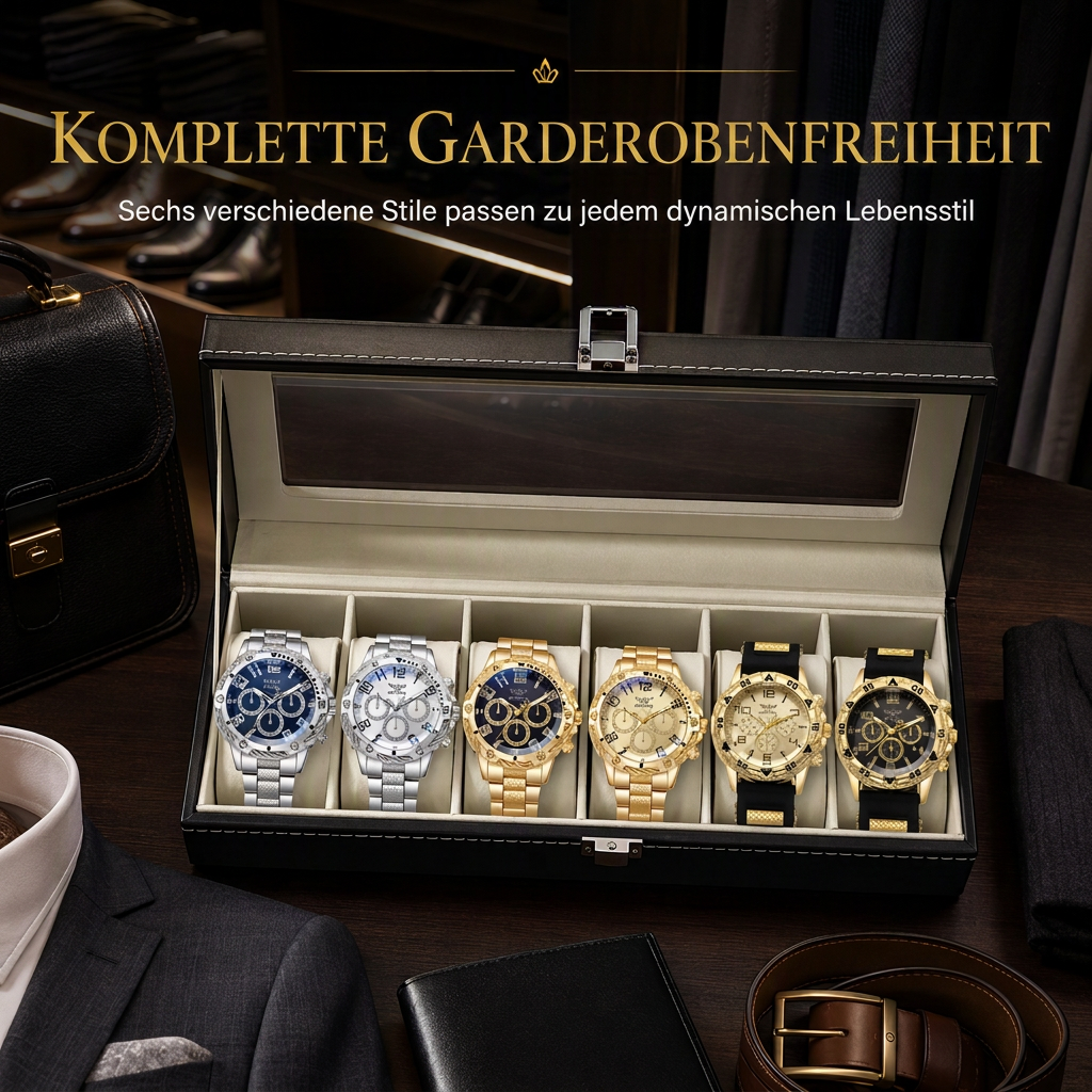 🎁 50 % Rabatt! 6-teiliges Uhren-Set für Herren – Elegante Armbanduhr mit Edelstahlarmband in Geschenkbox