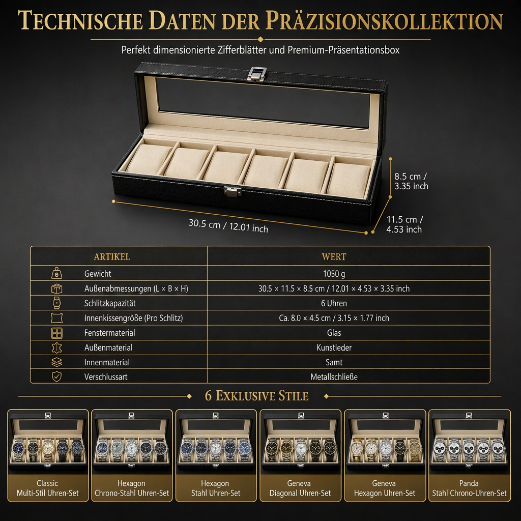 🎁 50 % Rabatt! 6-teiliges Uhren-Set für Herren – Elegante Armbanduhr mit Edelstahlarmband in Geschenkbox