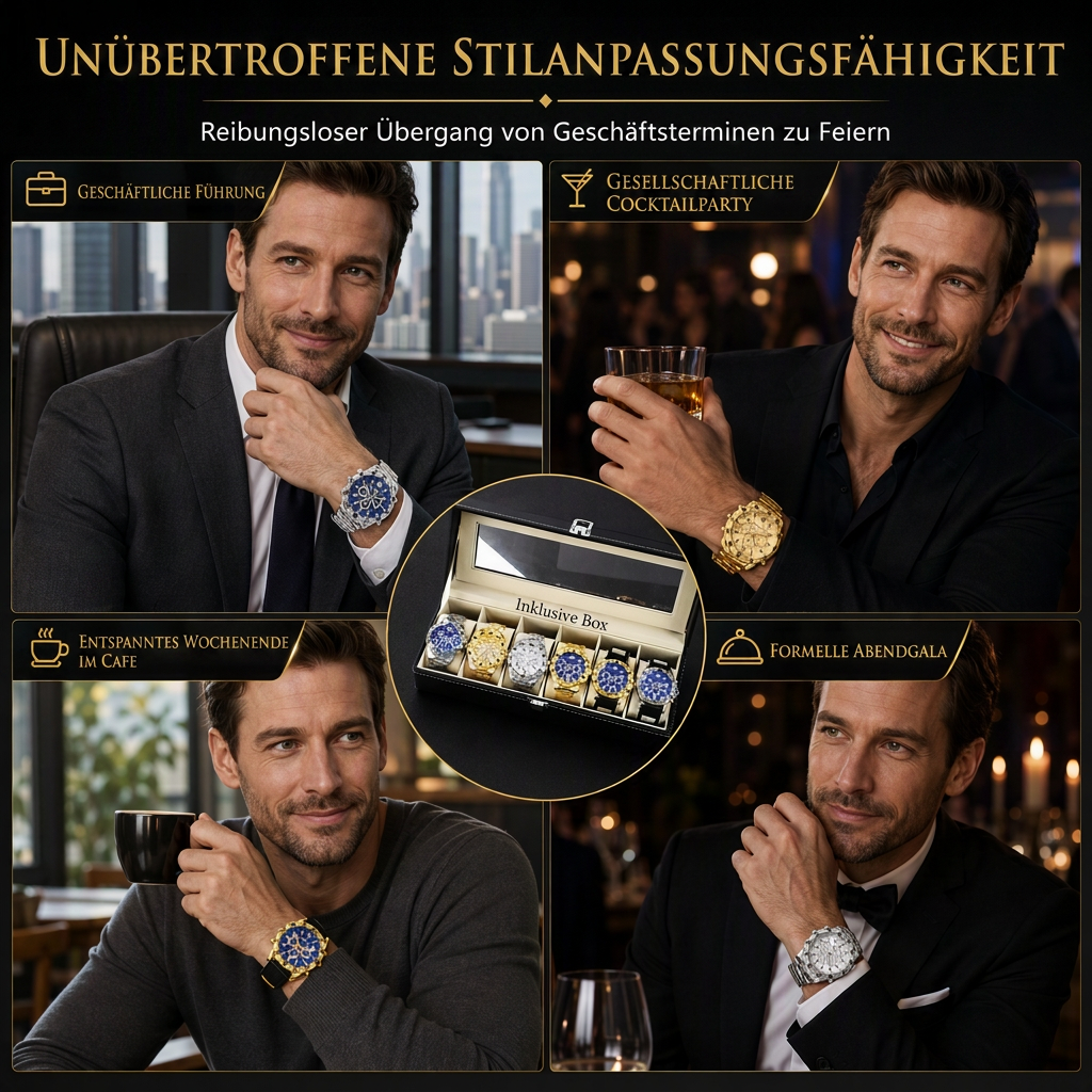 🎁 50 % Rabatt! 6-teiliges Uhren-Set für Herren – Elegante Armbanduhr mit Edelstahlarmband in Geschenkbox