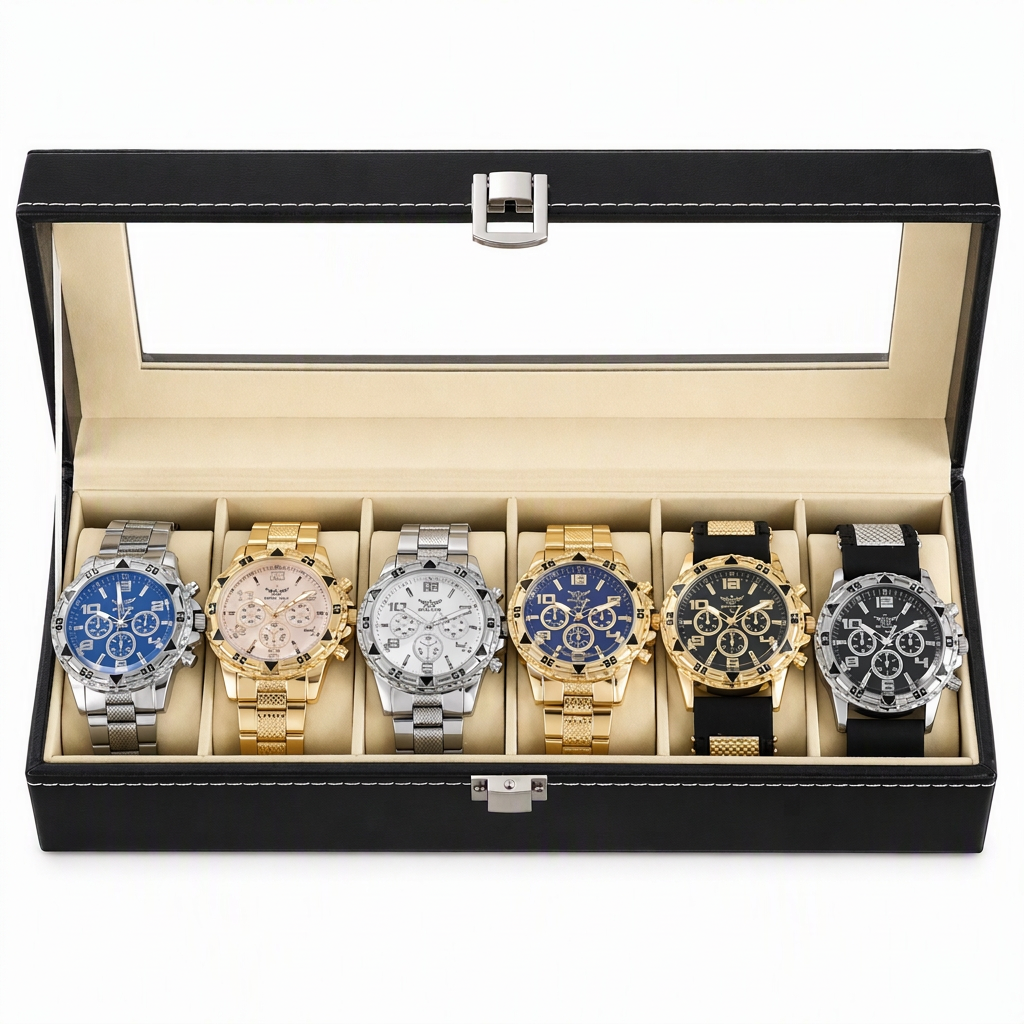 🎁 50 % Rabatt! 6-teiliges Uhren-Set für Herren – Elegante Armbanduhr mit Edelstahlarmband in Geschenkbox