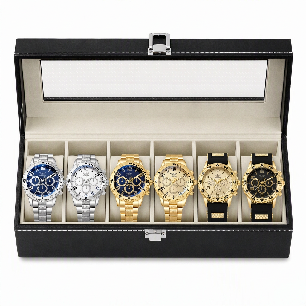 🎁 50 % Rabatt! 6-teiliges Uhren-Set für Herren – Elegante Armbanduhr mit Edelstahlarmband in Geschenkbox