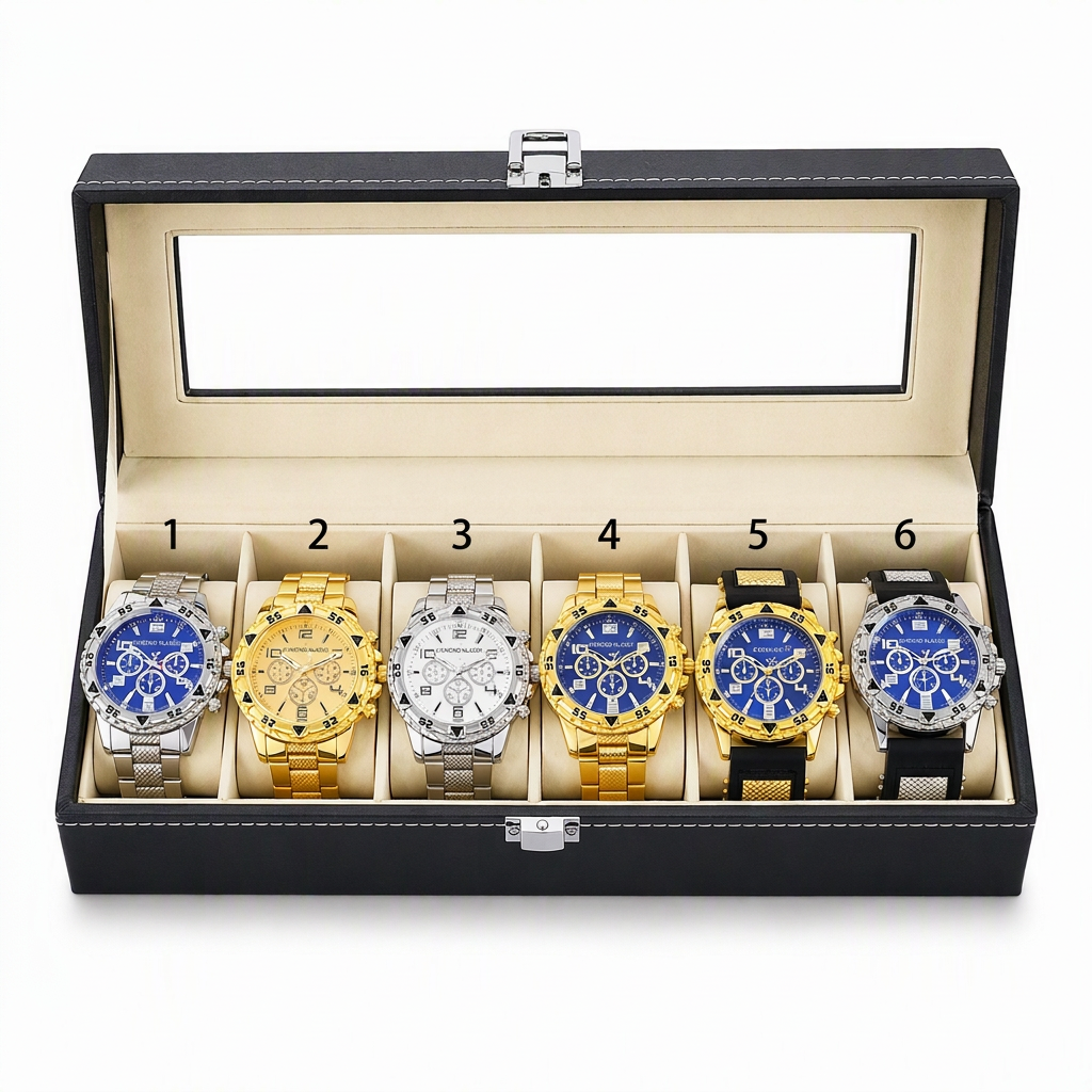 🎁 50 % Rabatt! 6-teiliges Uhren-Set für Herren – Elegante Armbanduhr mit Edelstahlarmband in Geschenkbox